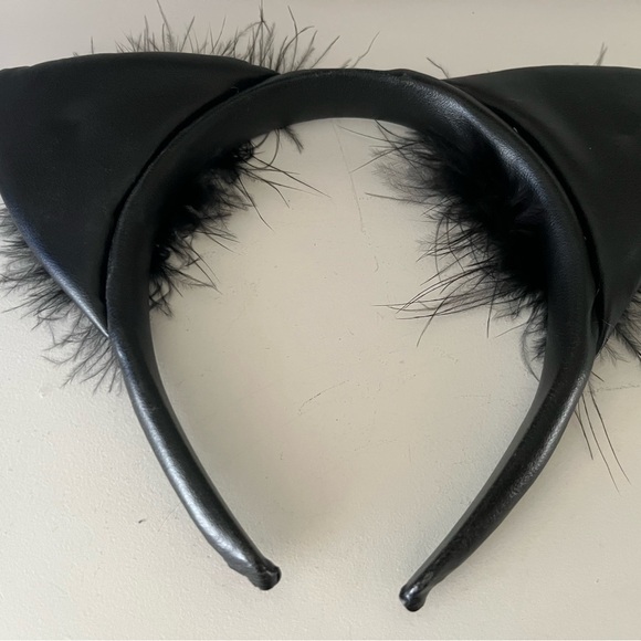 Black Feather Accent Adult Cat Ears Headband - Picture 3 of 3